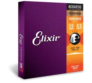 Elixir Strings, Acoustic Guitar Strings, Phosphor Bronze with NANOWEB Coating, Longest-Lasting Rich and Full Tone with Comfortable Feel, 6 String Set, Light 12-53