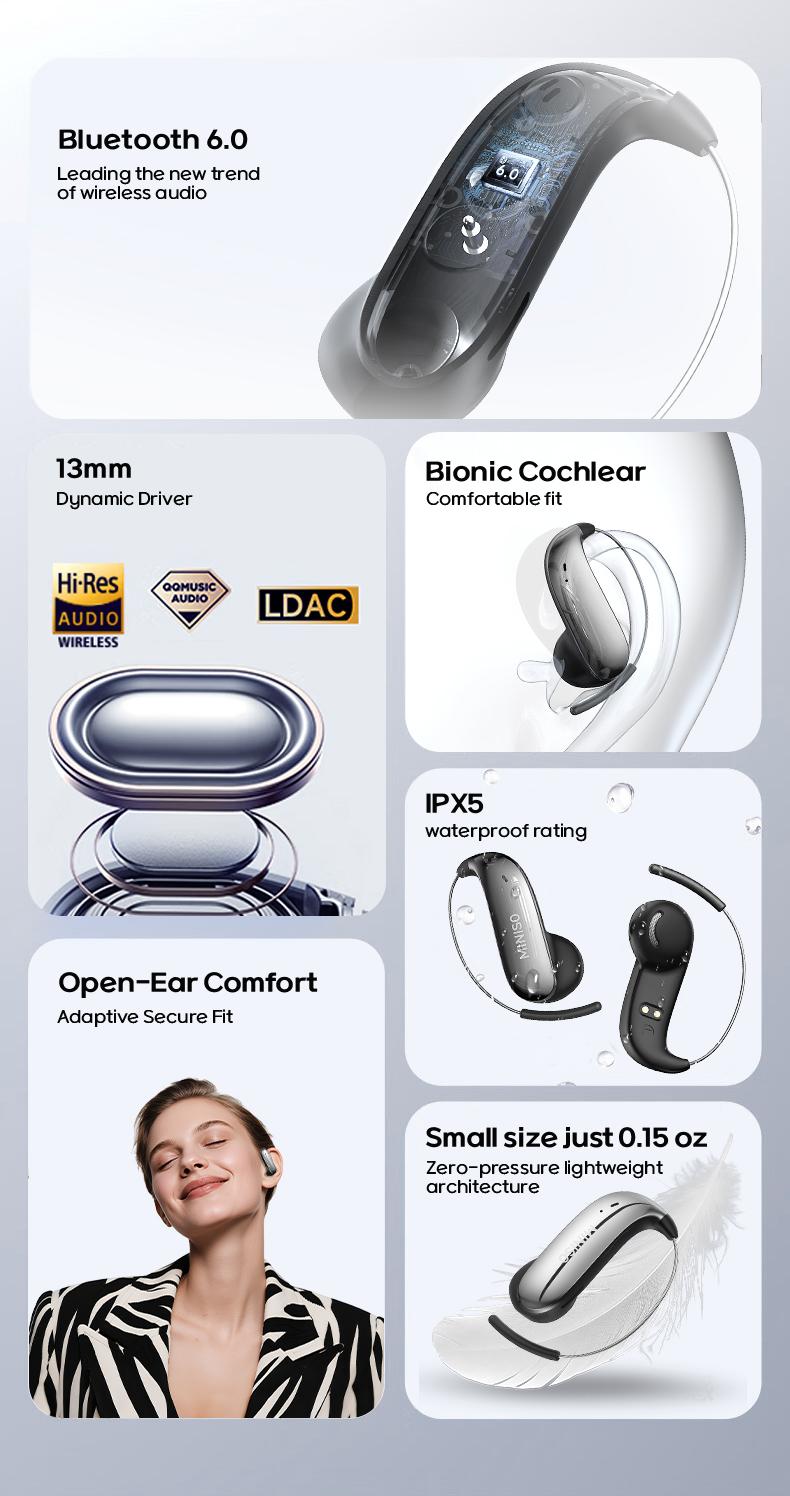 MINISO Wireless EarBuds - Bluetooth Headphones with Zero‑Gravity Titanium Ear‑Hook Design, Noise Isolation, Wireless Earbuds Headset Bluetooth 6.0, IPX5 Waterproof & Sweatproof, Ideal for Travel & Electronic Gifts for Men and Women