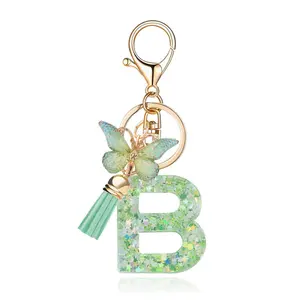 Valentine's Day 26 Letter Keychain Creative Green Butterfly Epoxy Pendant Resin Keychain Gift for Best Friend with Glitter Accents