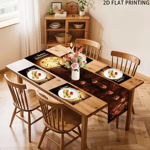 2D flat printing, set of 1 piece/4 pieces/5 pieces, Happy Halloween table flag and placemat set, pumpkin skeleton bat holiday table decoration, linen washable heat-resistant and anti slip table mat suitable for party kitchen and restaurant decoration