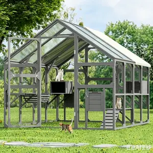 Large Catio Outdoor Cat Enclosure for Multiple Kittens, Wooden Cat House with 7 Platforms, 2 Resting Boxes, 1 Bridge and 1 Ramp, Walk in Kitty Cage Kennel with Sunshine Board Roof, Gray