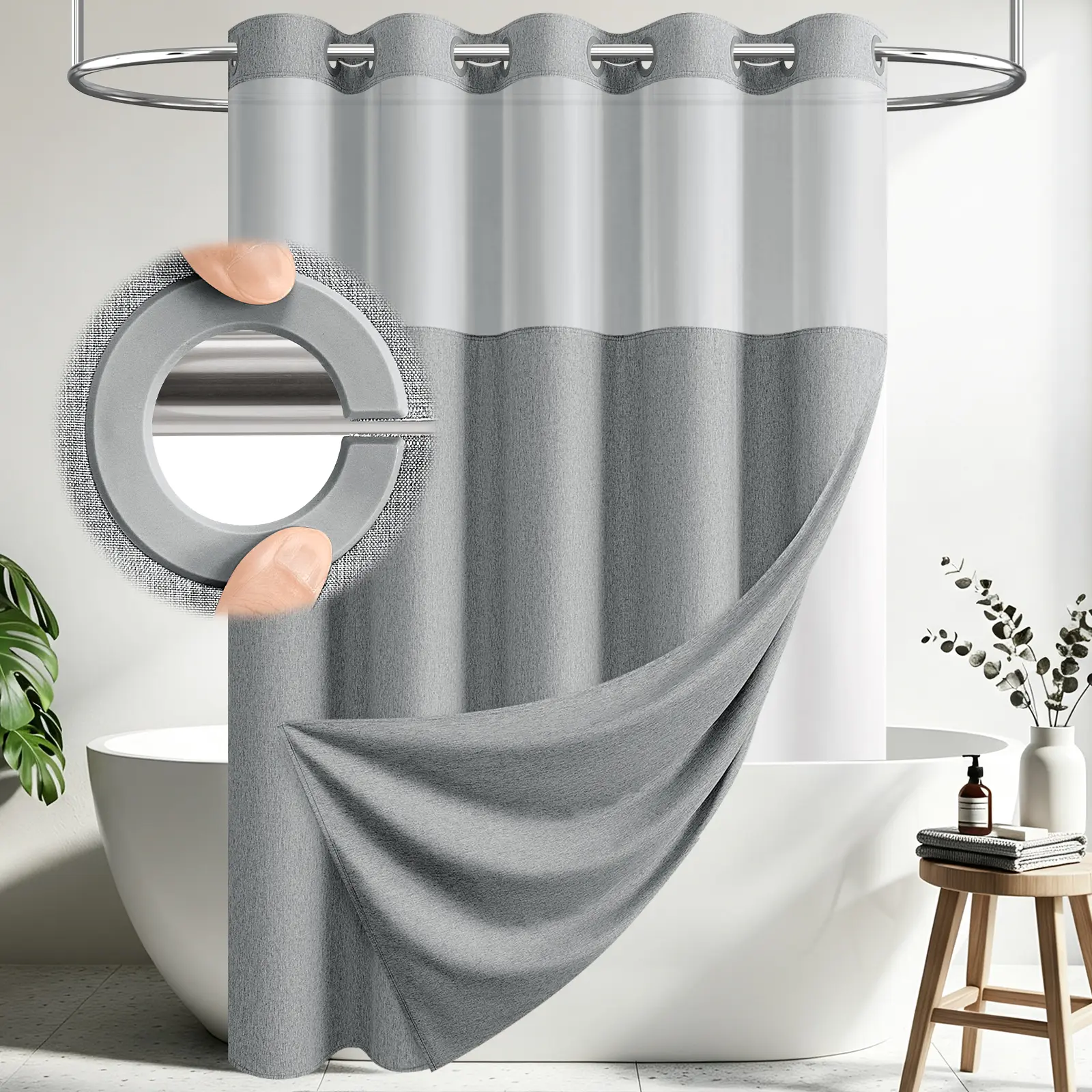 DYNAMENE Modern Faux-Linen Polyester Built-in Ring Hookless Shower Curtain Set with Snap-In Liner, 2-Layer 36"w x 75"l Water-Resistant Machine Washable, Mesh Window, Weighted Magnets for Home, Bathroom
