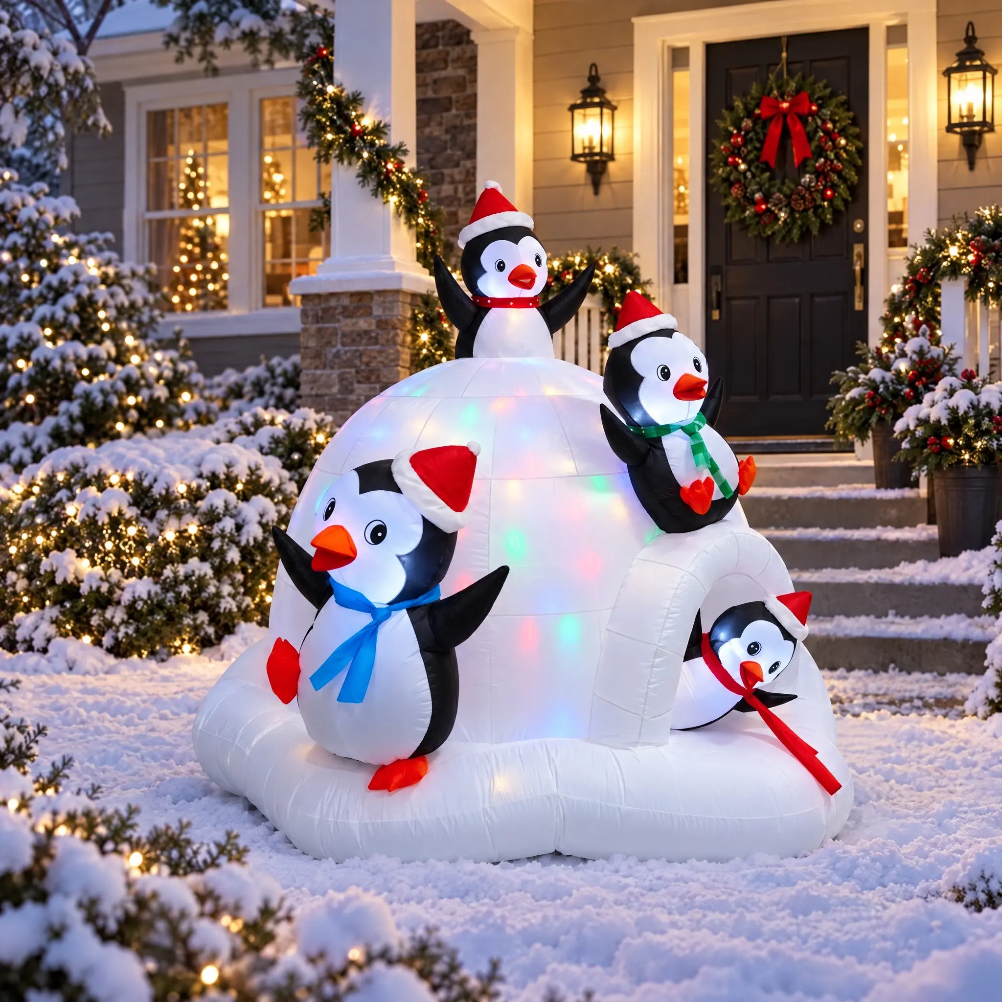 7 FT Large-Scale Polyester Fabric Inflatable Cute Penguin & Igloo Shape Decor - Built-in LED Lights, Waterproof, Festive Outdoor Home Party Gift, Christmas Wishlist, LED Glow Outdoor Holiday Decor