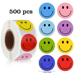 Happy Smile Face Stickers 500pcs 1 Roll 8 styles 2.5cm 1inch for School Reward Behavior Chart, Teachers Classroom Incentive Labels