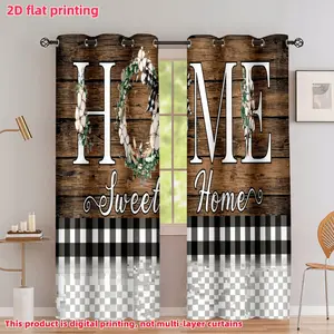 2D Flat 2Pcs Farmhouse Style Home Sweet Curtains with Buffalo Plaid and Wood Grain Design, Semi-Sunshade Window Drapes, Rod Pocket for Living Room, Bedroom, Dining, Kitchen, Accessory, Anti Privacy, Trendy Decor.