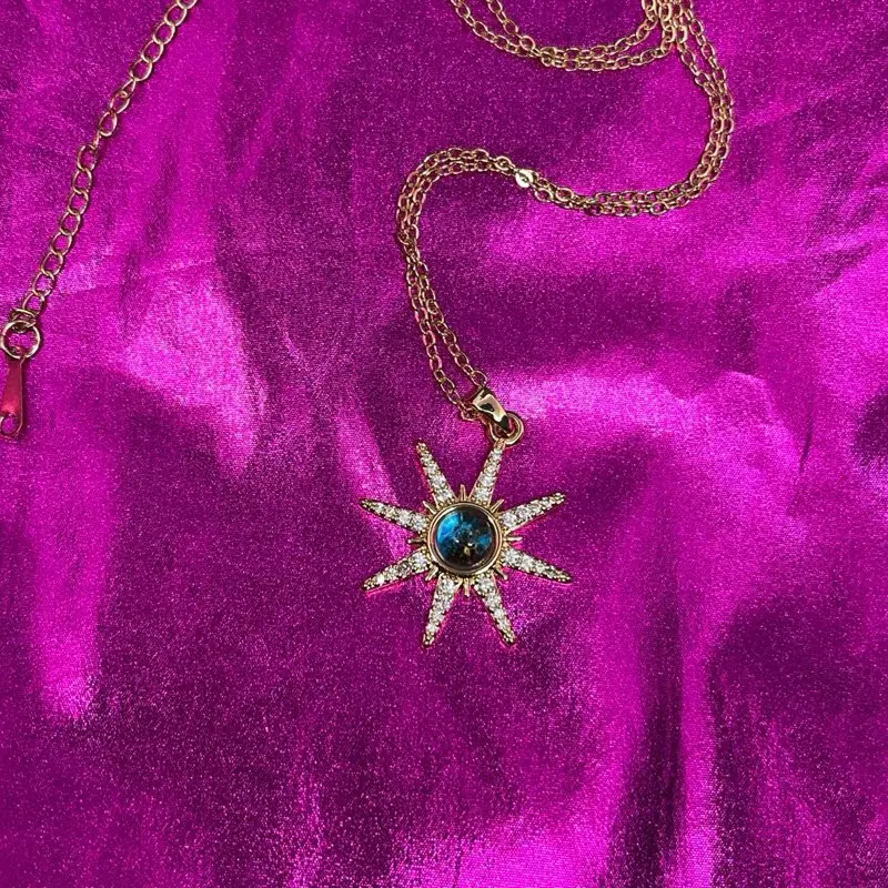 Celestial Earth Moon Stars Pendant, Opalite Jewelry, Gold Chain Necklace Pointy Sun Blue World Orbital Necklace