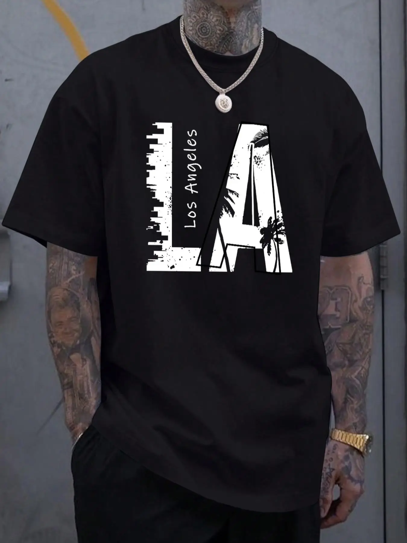 Men's "Los Angeles" Letter Print Round Neck Tee, Regular Fit Short Sleeve Crew Neck T-shirt for Summer, Casual Men's Top for Daily Wear