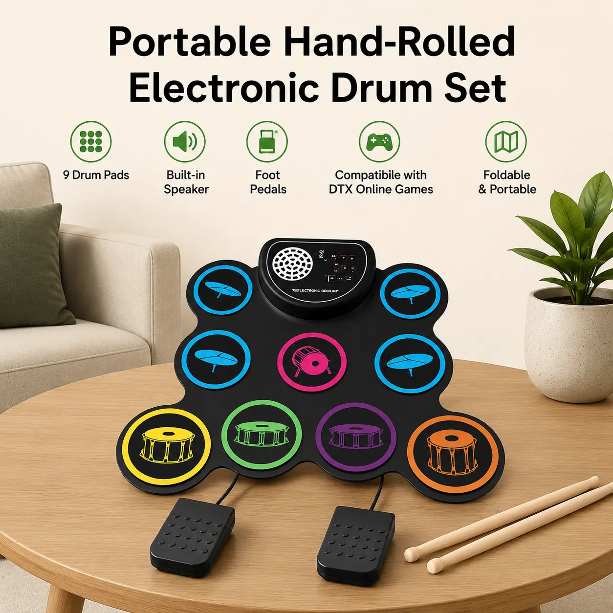 9-piece roll-up electronic drum pad kit with headphone jack and built-in speakers, comes with free drum sticks and foot pedal. Ideal gift for Valentine's Day, back-to-school season and birthdays. Percussion Musical Instruments Beginner Drum Kit drums