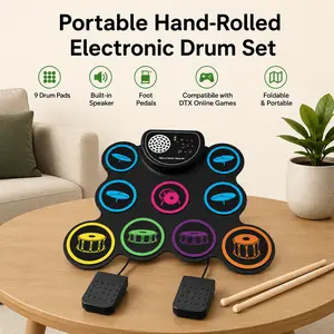 Electronic Drum Set, 9-Piece Roll-Up Drum Pad Electric Drum Kit, Equipped with Headphone Jack & Built-in Speaker, Comes with Drum Sticks and Foot Pedal. Ideal Gift for Valentine's Day, Back-to-School Season and Birthday Presents.