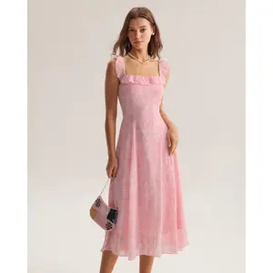 rihoas Women's Pink Sleeveless Square Neck Ruffle Waisted Midi Dress, Polyester-Chiffon Floral Fabric, Zipper-Closure Feminine Elegant Casual Clothes,summervibes