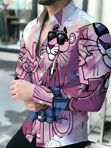 Men's breathable lapel long-sleeved Pink Panther cartoon print cardigan Casual Graphic Shirt