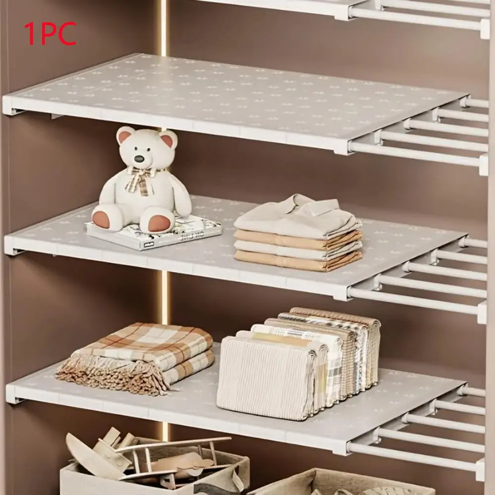 3pcs Set 3-In-1 Adjustable Punch-Free Carbon Steel & Plastic Wardrobe Storage Shelves, Space-Saving Retractable Racks for Kitchen Bedroom Bathroom