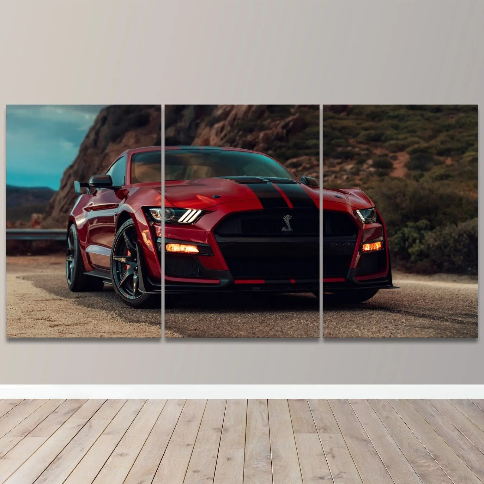 Luxury Ford Mustang Red Car Canvas Wall Art Print Set - 3 Pieces, Waterproof Home Decor Decoration, Room Ornaments, Ideal Gift for Car Enthusiasts