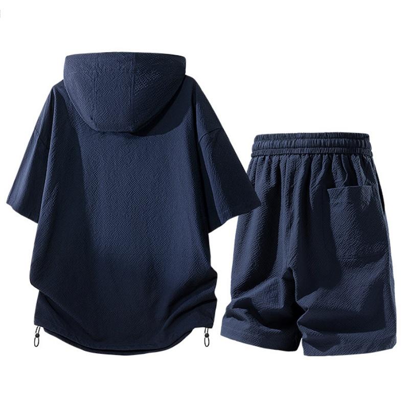 New summer casual men’s short-sleeve T-shirt and shorts set featuring bubble plaid, a hood, faux solid color, minimalist style—versatile loose fit two-piece set. #SummerWins