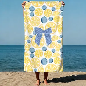 Amalfi Coquette Blue Bow Beach Towel | Aesthetic Lemon & Blueberry Watercolor Microfiber Towel, Trendy Gift Sandless Travel Towel Extra Large - Coastal Citrus Fruit & Ribbon Print, Fast Drying Swim Gym Towel