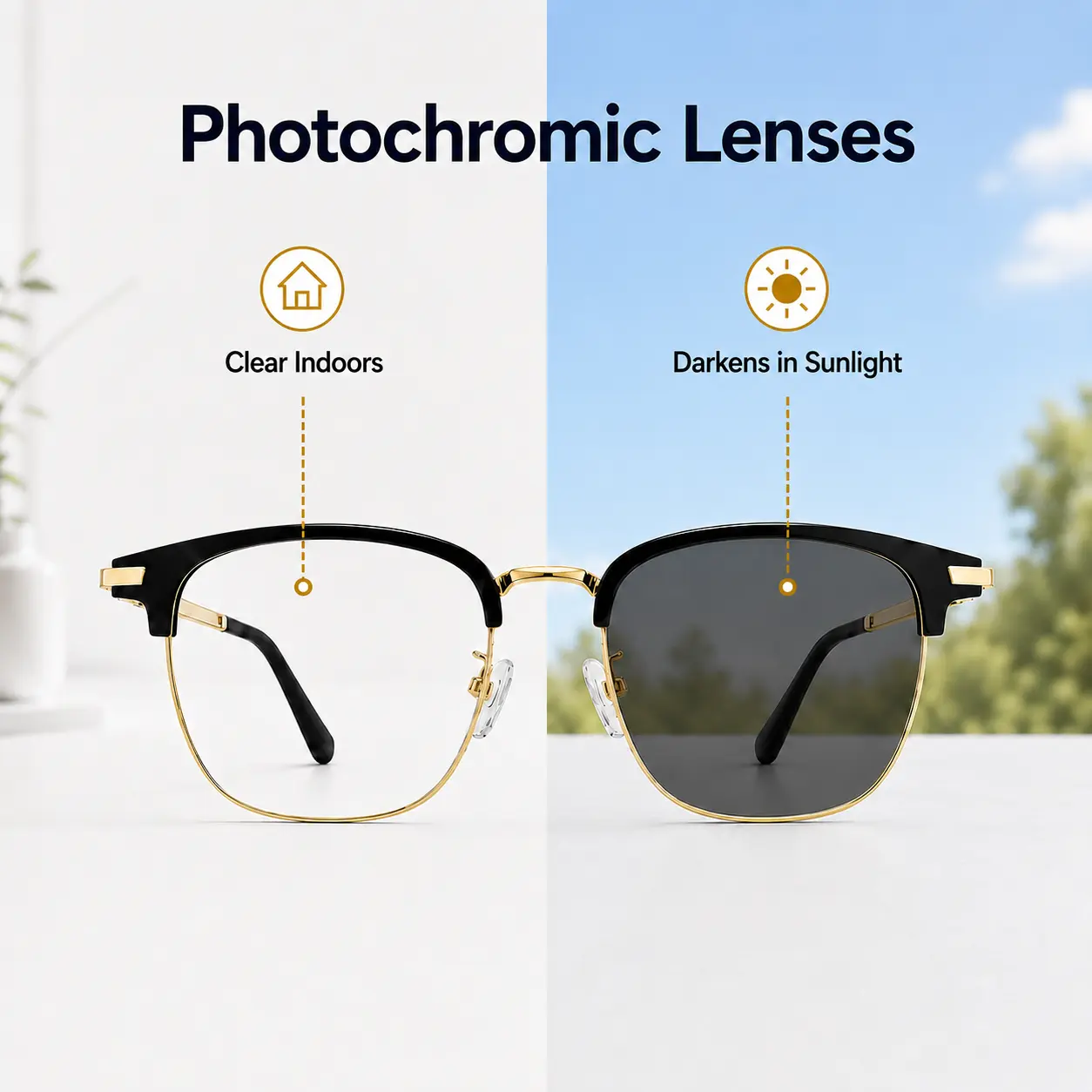 Unisex Black Gold Photochromic Glasses Semi Rimless Blue Light Blocking Eyewear, UV Adaptive Lenses Clear to Dark, Lightweight Fashion Glasses for Men Women Daily Use