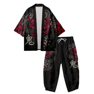 Men’s Japanese Samurai Kimono Harajuku Ukiyo-e Cloak Yuzu 3D Digital Print Robe Novelty Pajama Homewear Set