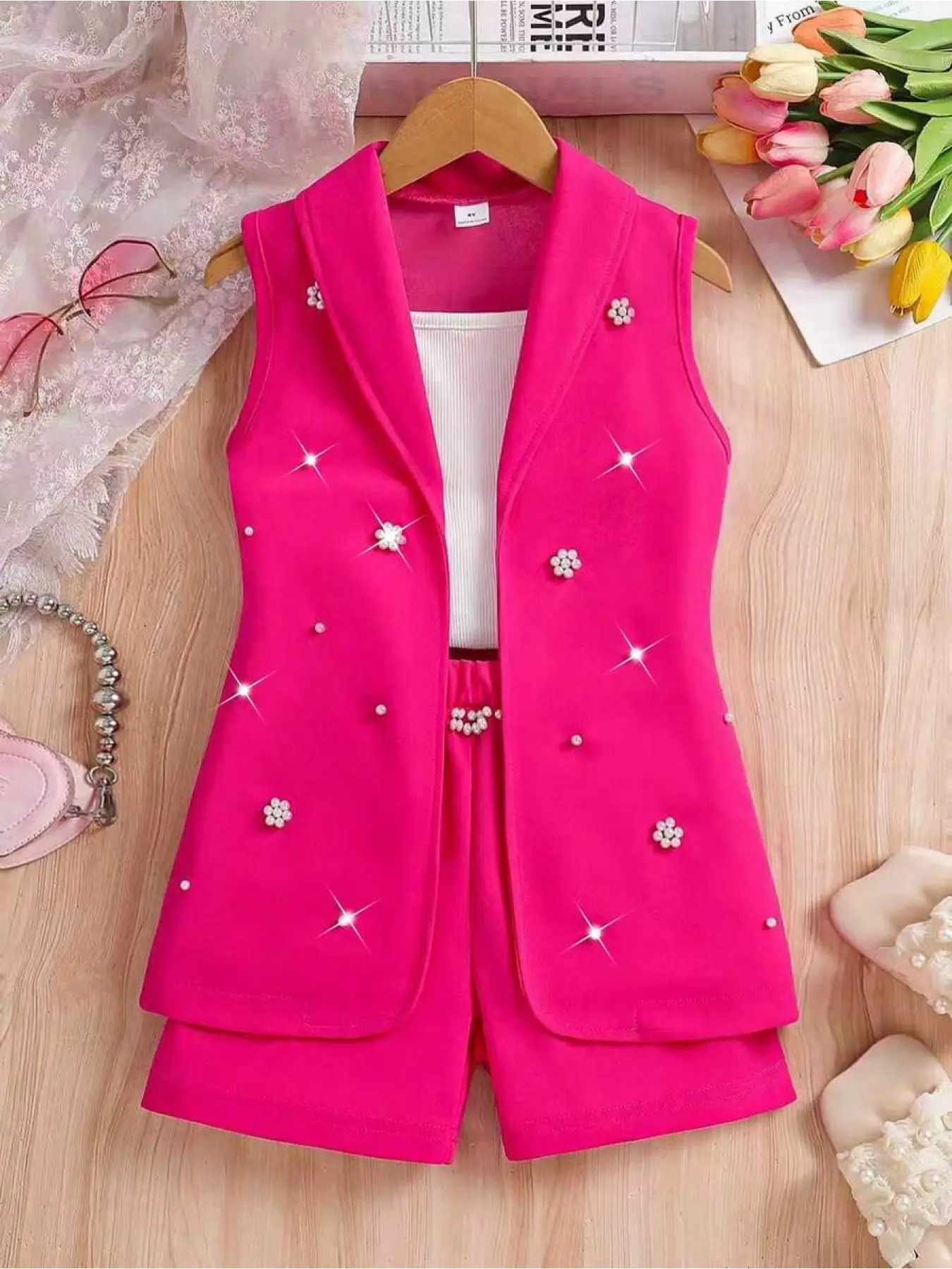 Elladie kids 3pcs/Set Young Girls Fashionable Chic Fuchsia Floral Pearl Decor Sleeveless Vest + White Camisole + Matching Shorts, Elegant Princess Daily Outfit, Summer Outfits Set