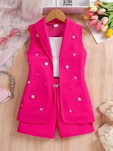 Elladie kids 3pcs/Set Young Girls Fashionable Chic Fuchsia Floral Pearl Decor Sleeveless Vest + White Camisole + Matching Shorts, Elegant Princess Daily Outfit, Summer Clothes Set