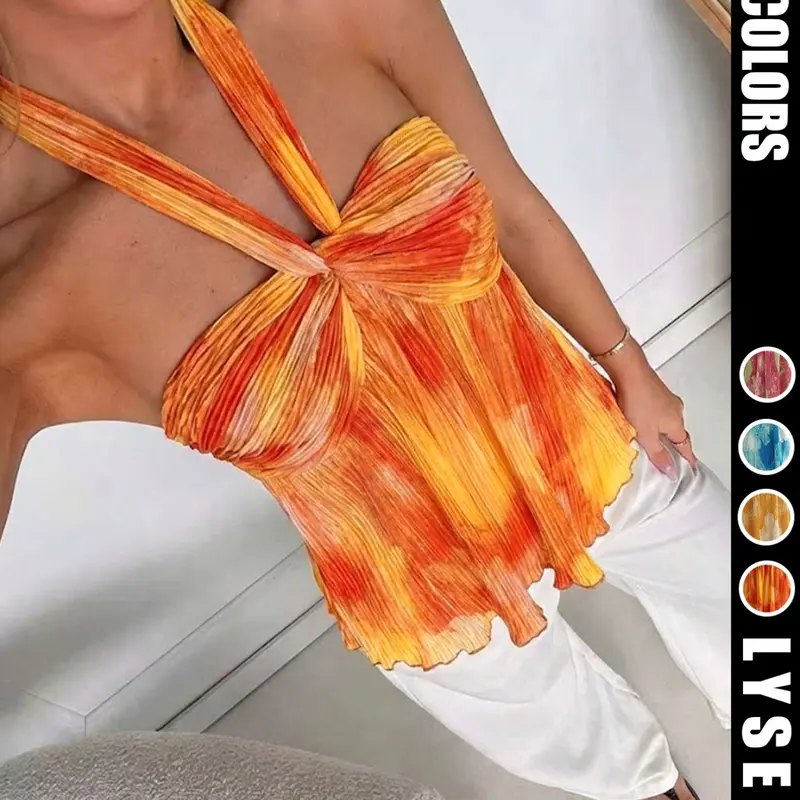 Women's Summer Sexy Vacation Gradient Color Backless Halter Neck Loose Top, Stylish Chic Ruched Design, Perfect for Casual Wear, Fit