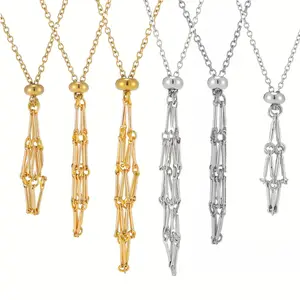Net bag metal bamboo necklace woven cage pendant adjustable chain open pendant unisex gift