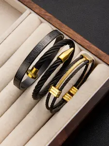 3-piece Black Gold Steel Wire Bracelet Set / Men's Versatile Titanium Steel Adjustable Bracelet / Punk Men's Wristband / Non-fading / For Daily Wear / Festivals / Parties / Ideal Gift