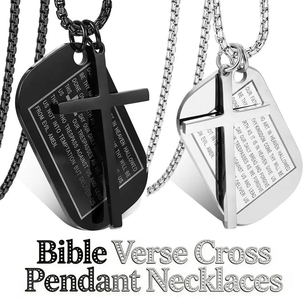 Men's English Bible Cross Prayer Pendant Necklace, Stainless Steel Jesus Text Necklace