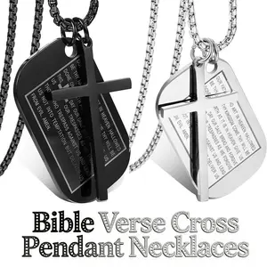 Men's English Bible Cross Prayer Pendant Necklace, Stainless Steel Jesus Text Necklace