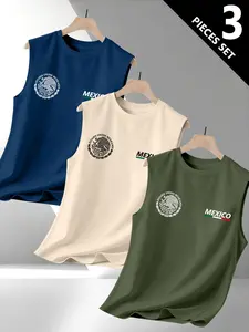 Men's Mexican Series Vest 3-Piece Set, High-Performance Sports T-Shirt, Comfortable Casual Wear, Fitness and Daily Use, Fashion Sportswear