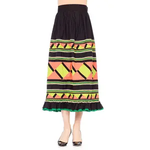 1970S Black Patchwork Cotton Seminole  Skirt With Lime Green & Peach