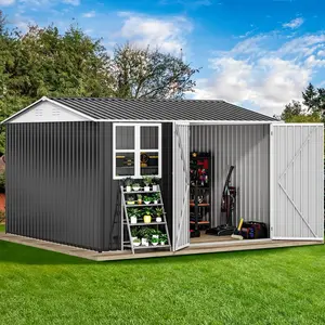 Yitahome 10 x 10FT Outdoor Storage Shed, Waterproof Metal Garden Shed with Windows, Lockable Doors, and Sloped Roof for Patio, Backyard, Lawn, Tool Storage, Bike Shed, Pet Shelter, Gray White