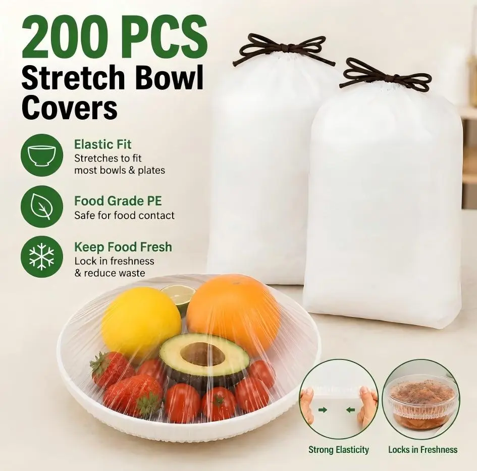 200PCS Adjustable Household Plastic Wrap Disposable Stretchable Bowl CoversElastic Food Covers Fresh Keeping Bags Universal Kitchen Wrap Seal Bags for Food Storage Bread Proofing and Outdoor Picnics