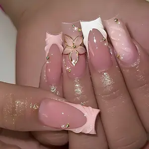 3D Water Ripple Pattern Wearable Nails, Long Square Shape Press on Nails with 3D Floral Design, French Style False Nails for Stunning Manicure