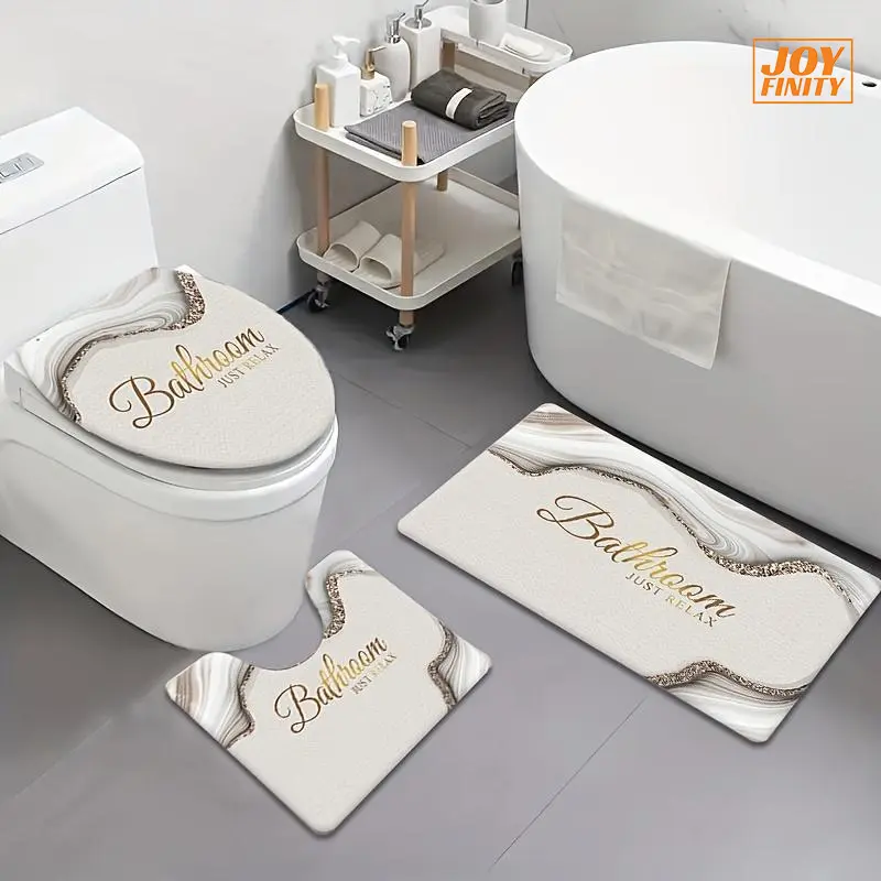 Joyfinity Marble Bathroom Rug Set 3 Pieces, Gold Glitter Abstract Non Slip Bath Mat for Bathroom Floor, Ultra Soft Absorbent Toilet Lid Cover & U-Shaped Contour Rug, Machine Washable Bathroom Decor Rugs for Tub, Shower