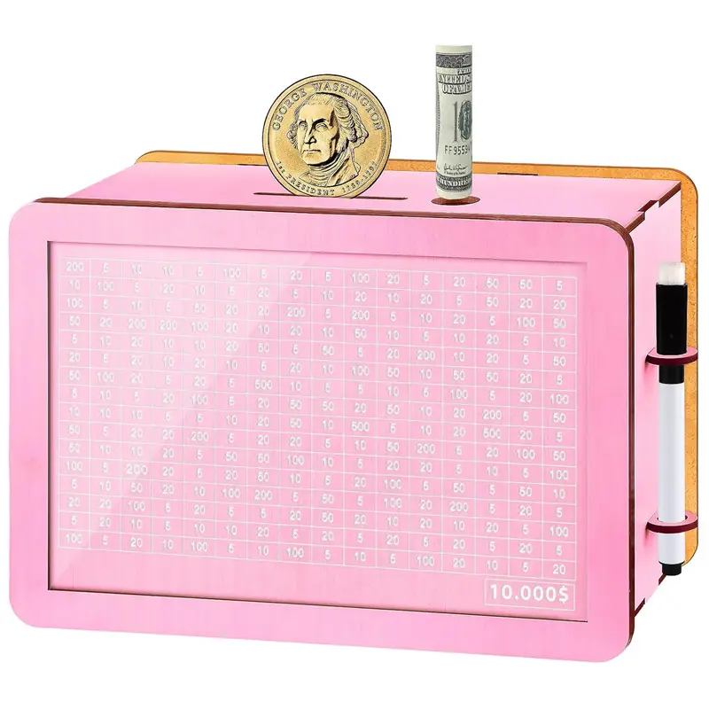 10000 Larger Size Savings Challenge Box for Adults Kids - Cash Vault Wooden Money Savings Box - Kakeibo Money Bank - Pink Wooden Cash Coin Piggy Bank