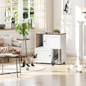 Multi-Functional Cat Litter Box Enclosure w/ Mat & Scratching Post, Dog-Proof Hidden Washroom End Table