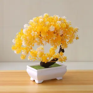 Miniature artificial green bonsai trees with realistic flowers, Vibrant Faux Flowers, in plastic cement pots, perfect for home decor, indoor bookshelves, office spaces, gardens, and bathroom accents.