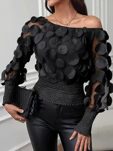 Women's Plain Contrast Mesh Appliques Shirred Sheer Bishop Sleeve Blouse, Casual Asymmetrical Neck Long Sleeve Top for Daily Wear, Ladies Clothes for All Seasons??gift??