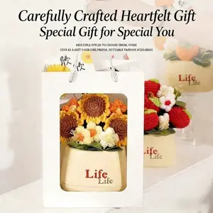 Handmade Crochet Flower Bouquet Planter, Includes Greeting Card and Gift Bag, Artificial Knitted Flowers for Mother's Day, Wedding, Anniversary, Birthday, Valentine's Day