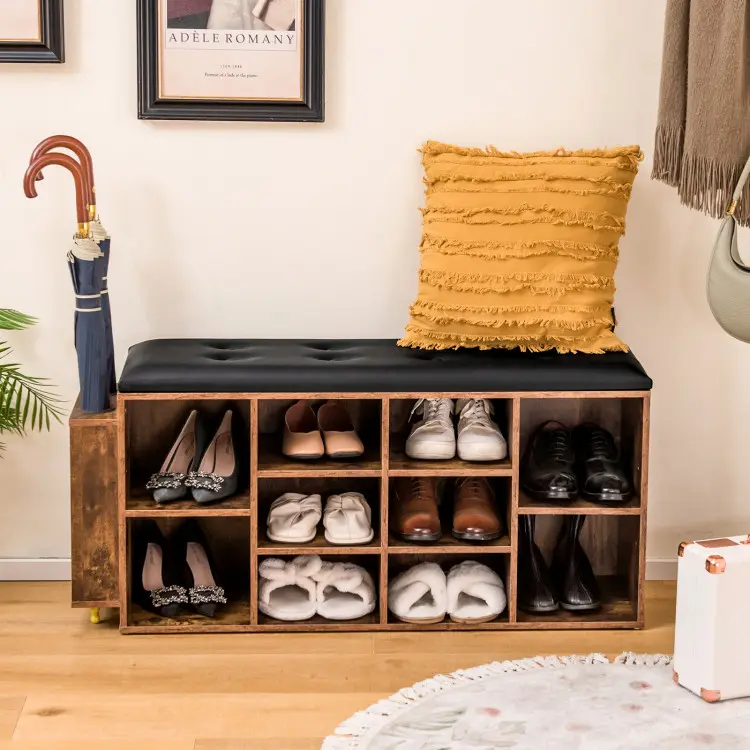 Costway Entryway Storage Bench with Umbrella Stand, 10-Cube Storage Bench with Adjustable Shelf & PU Leather Padded Cushion, Shoe Rack Organizer for Living Room, Bedroom & Checkroom, Rustic Brown