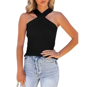 Fashare Womens Criss Cross Halter Sweater Vest Tops Summer Sleeveless Pullover Casual Lightweight V Neck Knit Tank Top Black Minimalist tank tops