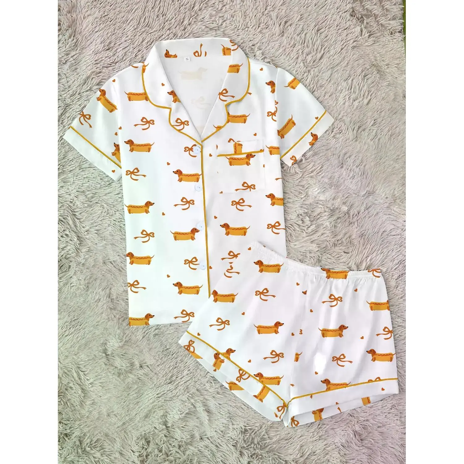 Whimsical Dachshund Print Pajama Set for Women | Cute Hot Dog Sleepwear with Button-Up Top | Soft 2-Piece Lounge Set with Orange Trim | Playful Summer PJs for Sleepovers | Cozy Gift for Pet Lovers
