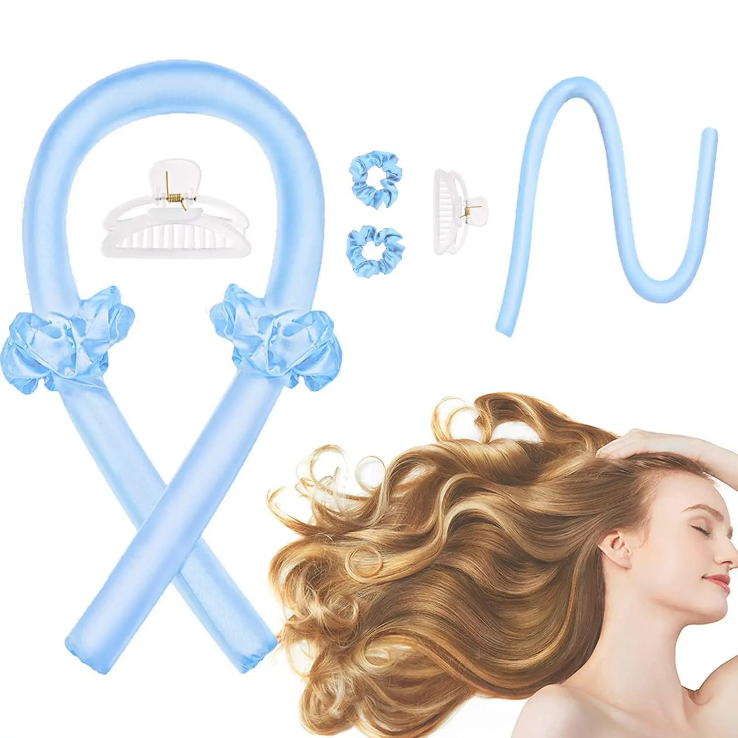 Heatless Hair Curler Ribbon Headband Set No Heat Silk Curling Rods with Scrunchies and Claw Clip