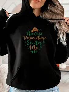 Women's "This Cold Temperature Excites Me" Print Long Sleeve Hoodie Sweatshirt - 1-Piece Snowflake Graphic Outfit, Soft Fabric, S-3XL, Ideal for Winter Enthusiasts, Everyday Cold Weather Wear, Black
