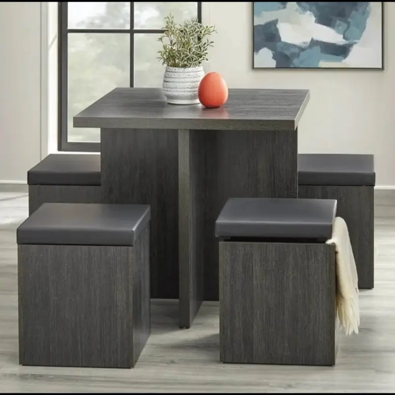 Dining Set with Square Trestle-Base Table & Four Square Stools in Manufactured Wood for Casual Dining and Extra Storage 40" Top 29.7" Height 18.8" Seat Height 15 lbs Weight 18.75" H x 13.75" W x 13.75"D