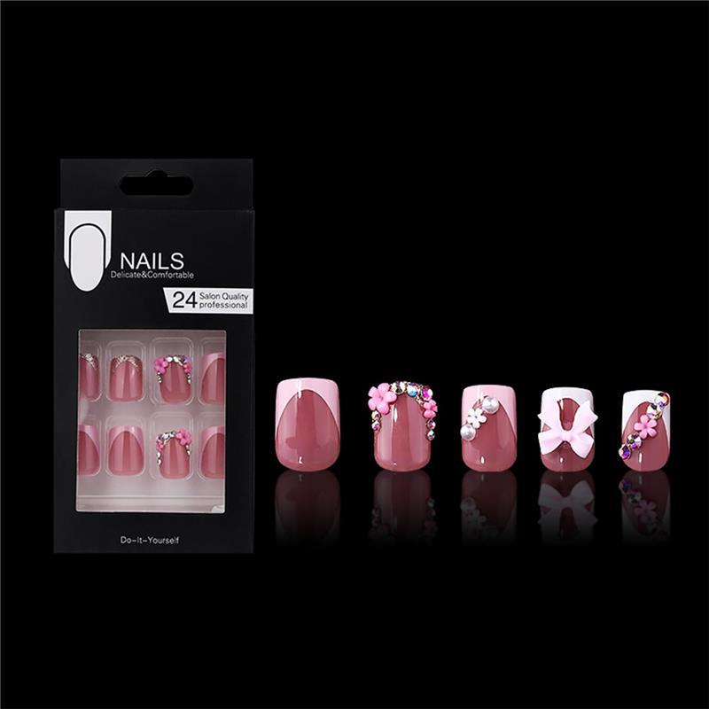 24pcs French Tip Press-On Nails - Short, Charms, Bow, Flower Design, Pink, Cute, Square Shape, Acrylic, Rhinestones