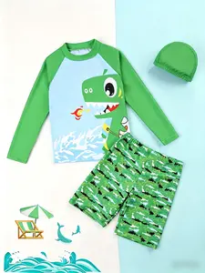 2-Piece Boy Cartoon Shark Swim Set, Long Sleeve Top & Blue Elastic Shorts, Quick-Dry Fabric, Summer Beach Fun, Swimsuit Sets