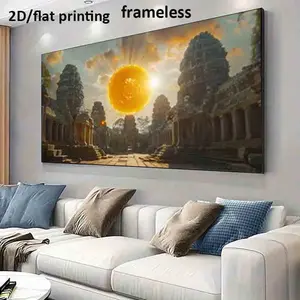 One large modern frameless canvas wall art poster - "Sunrise at Angkor Wat, Cambodian Temple Landscape Painting", 39.37"x78.74" (100x200 cm) minimalist decoration, suitable for living rooms, bedrooms, festival gifts, and iconic landmark artworks