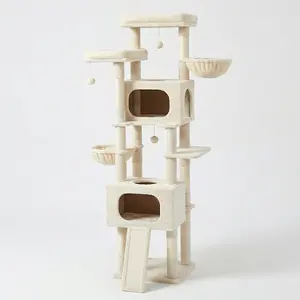 DESKAT 77 Inch Tall Cat Tree for Large Cats, Multi-Level Cat Tower for 4+ Cats with 2 Condos, 8 Sisal Scratching Posts, 2 Hammocks & 3 Perches, S77E, Beige