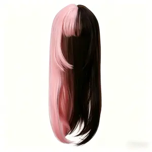 [E-Girl Aesthetic] Long Wavy Split Color Wig with Bangs| Black & Pink Half and Half Hime Cut Wig| Aesthetic Goth Cosplay Hair for Women| Heat Resistant Daily Party Wig